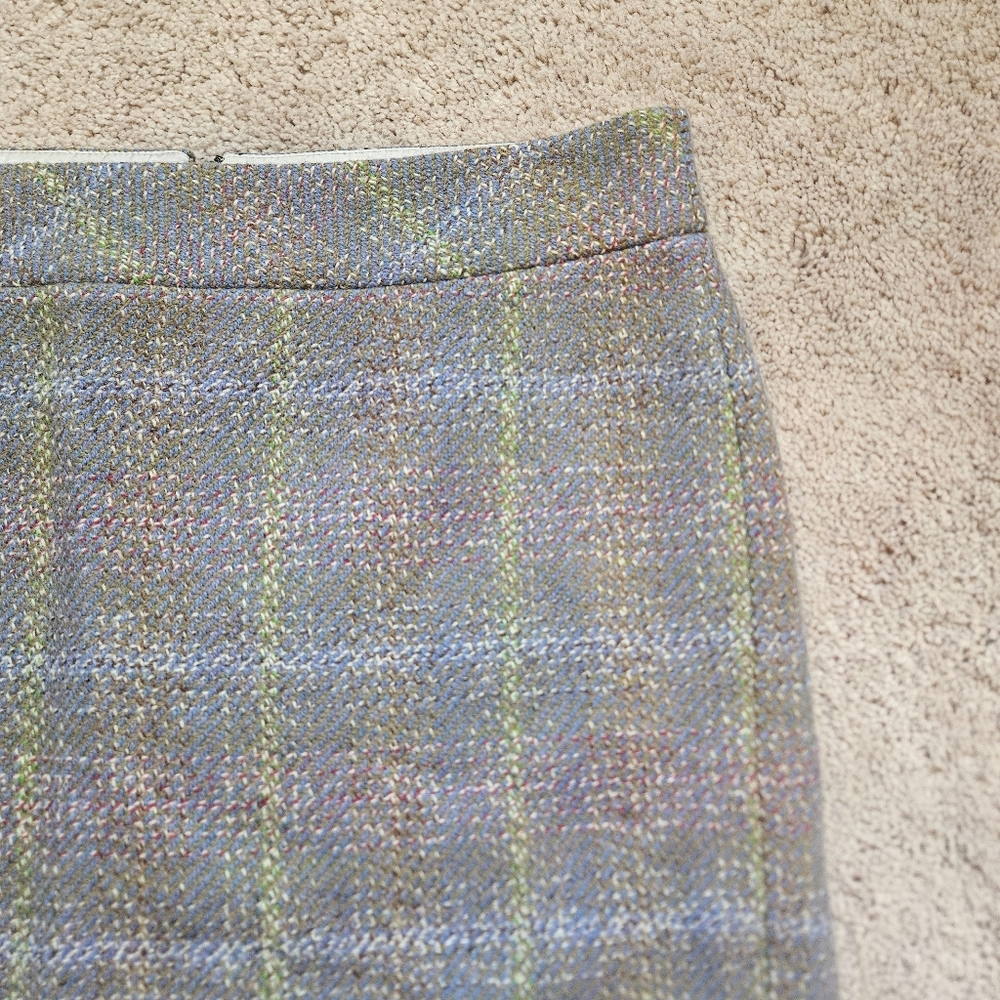 J.Crew 100% Wool Pencil Skirt Purple Green Plaid Tweed Fully Lined Size 12